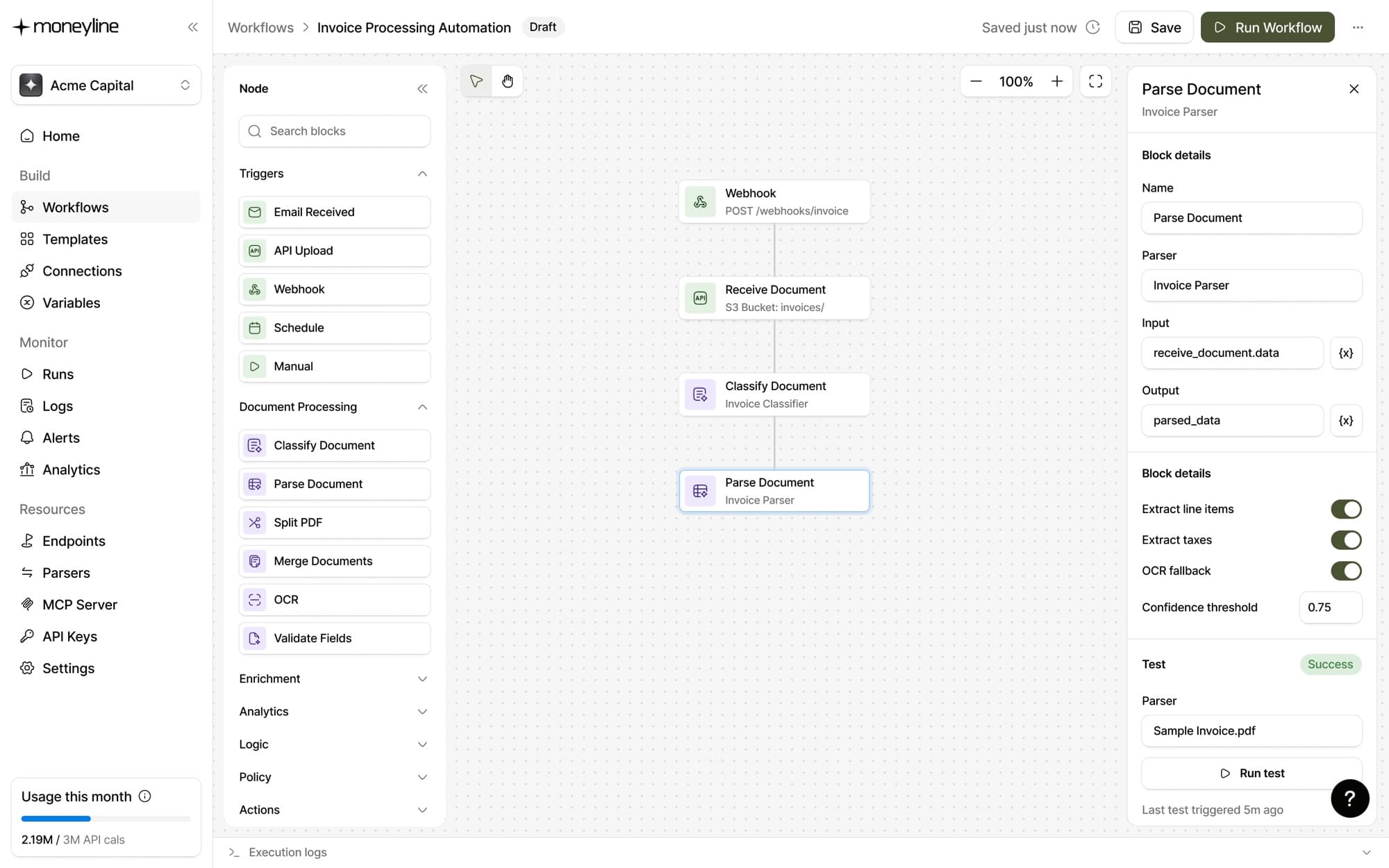 Moneyline visual workflow builder with a webhook trigger and steps that receive, classify and parse a document